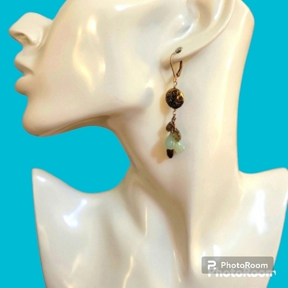 Vtg Brass Moonstone Labrodite Dangle Drop Leverback Hook Earrings - Picture 1 of 6